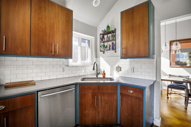 3011 Foxton Cv, Austin, TX 78748 - kitchen featuring stainless steel dishwasher, a sink, lofted ceiling, backsplash, and brown cabinets