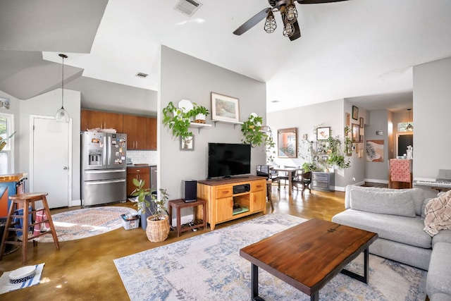 3011 Foxton Cv, Austin, TX 78748 - living area featuring ceiling fan, concrete flooring, and high vaulted ceiling