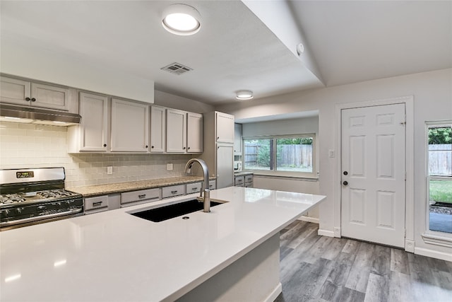 12600 Limerick Ave, Austin, TX 78727 - kitchen featuring gas range, under cabinet range hood, light countertops, and plenty of natural light