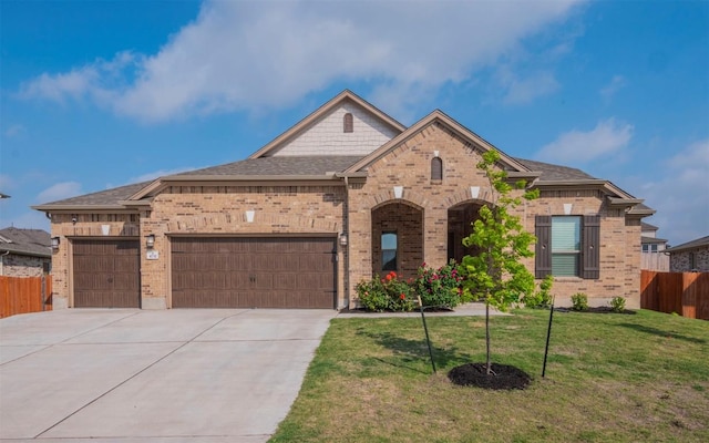 french provincial home featuring a front lawn, driveway, brick siding, an attached garage, and fence