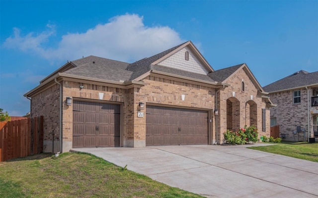 french country home featuring driveway, a front yard, an attached garage, fence, and brick siding