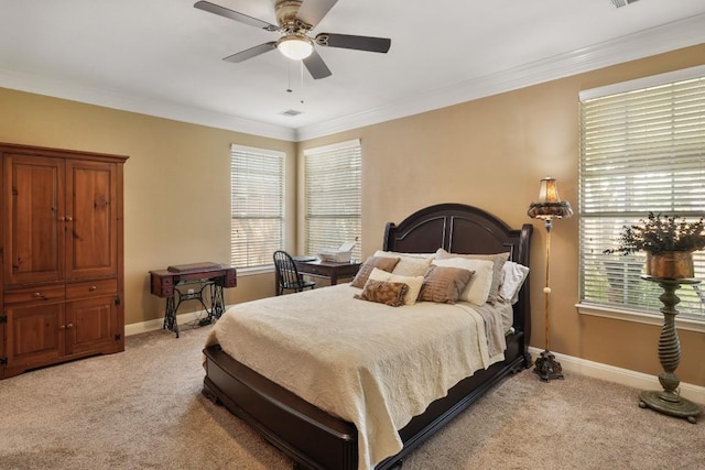 bedroom featuring visible vents, ceiling fan, baseboards, ornamental molding, and light carpet