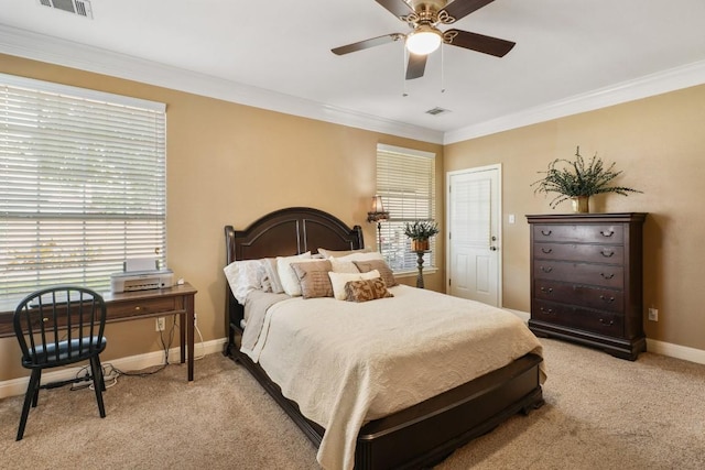 bedroom featuring baseboards, visible vents, ornamental molding, and light colored carpet