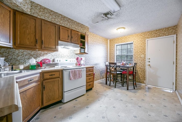 724 Woodcrest Cir, New Braunfels, TX 78130 - kitchen featuring white electric range oven, range hood, brown cabinetry, a textured ceiling, and light countertops