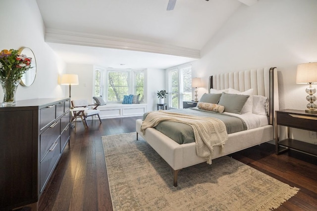 1702 Crested Butte Dr, Austin, TX 78746 - bedroom with dark wood-style floors, vaulted ceiling, and ceiling fan
