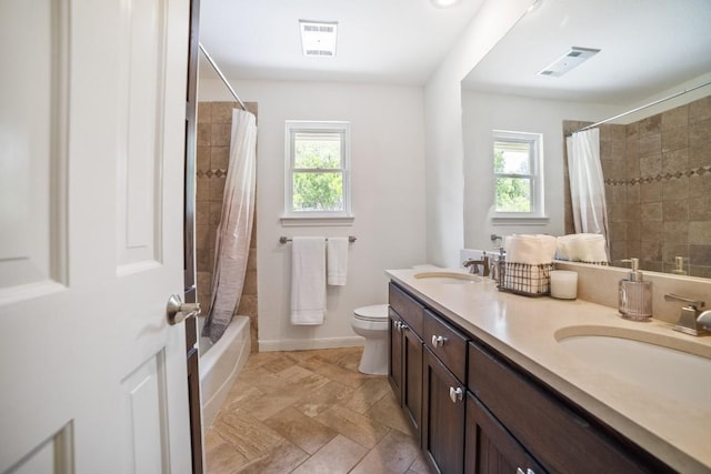 1702 Crested Butte Dr, Austin, TX 78746 - full bathroom featuring healthy amount of natural light, double vanity, and shower / bathtub combination with curtain