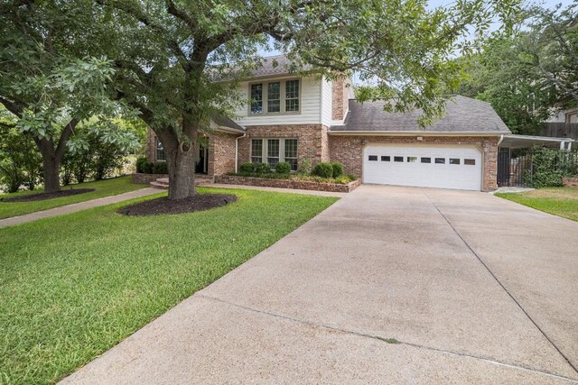 1702 Crested Butte Dr, Austin, TX 78746 - traditional-style house featuring concrete driveway, brick siding, a garage, and a shingled roof