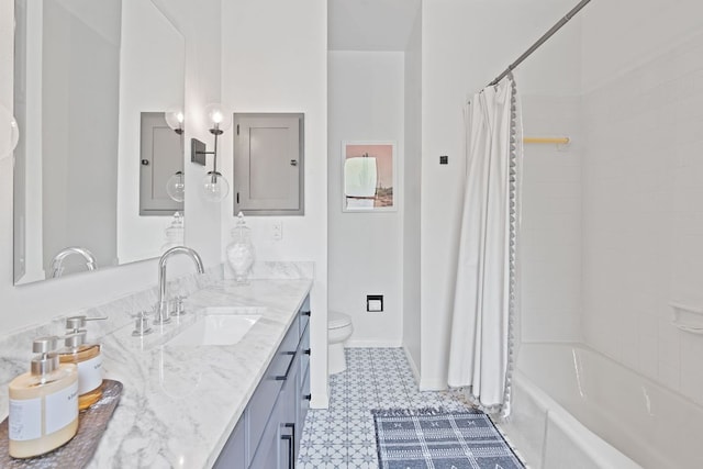 129 The Hills Dr, The Hills, TX 78738 - full bathroom featuring electric panel, vanity, toilet, shower / bath combo with shower curtain, and tile patterned floors