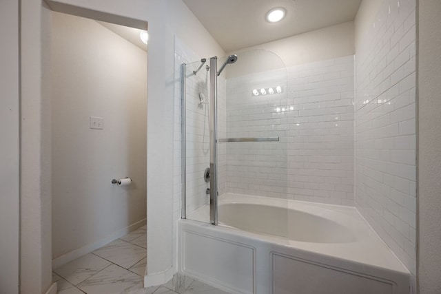 bathroom featuring baseboards, recessed lighting,  shower combination, and marble finish floor