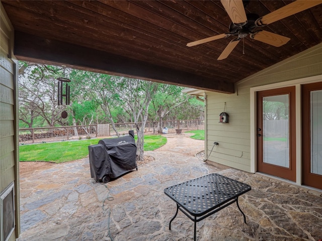 2912 Norton Ave, Lago Vista, TX 78645 - fenced backyard with area for grilling, ceiling fan, and a patio area