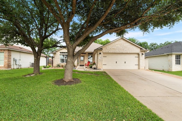 30310 Bumble Bee Dr, Georgetown, TX 78628 - ranch-style home featuring an attached garage, concrete driveway, a front lawn, and stone siding