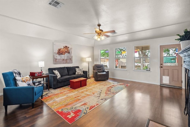 30310 Bumble Bee Dr, Georgetown, TX 78628 - living area with visible vents, a ceiling fan, wood finished floors, and a wealth of natural light
