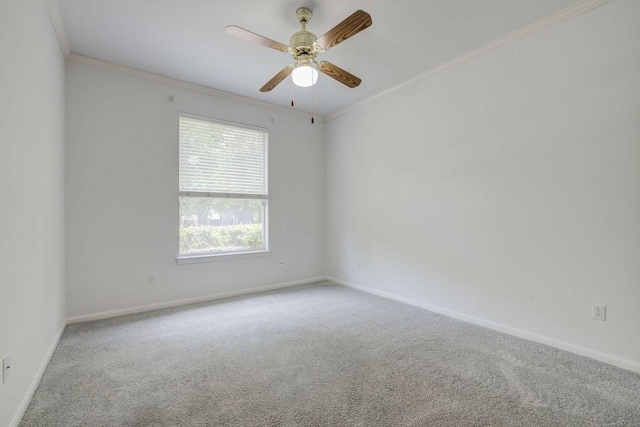 spare room with baseboards, ceiling fan, carpet floors, and crown molding