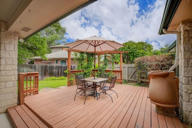 wooden deck featuring outdoor dining space and a fenced backyard