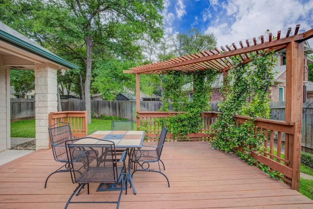 wooden deck with outdoor dining area and a fenced backyard