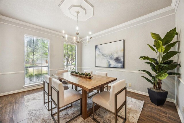 9007 Tweed Berwick Dr, Austin, TX 78750 - dining space featuring a chandelier, crown molding, wood finished floors, and a textured ceiling