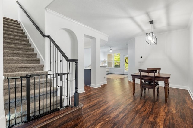 108 Perpetuation Dr, Austin, TX 78734 - dining area with wood finished floors, stairway, ceiling fan, and crown molding