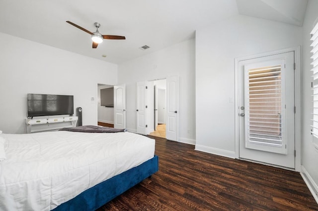 108 Perpetuation Dr Unit 802, Lakeway, TX 78734 - bedroom featuring wood finished floors, baseboards, vaulted ceiling, and a ceiling fan
