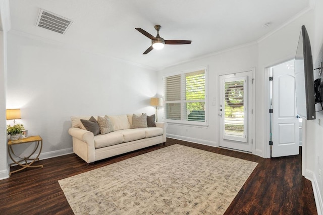 108 Perpetuation Dr Unit 802, Lakeway, TX 78734 - living area with a ceiling fan, baseboards, crown molding, and dark wood finished floors