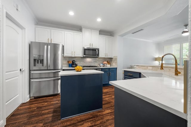108 Perpetuation Dr Unit 802, Lakeway, TX 78734 - kitchen with appliances with stainless steel finishes, a kitchen island, blue cabinetry, a sink, and crown molding