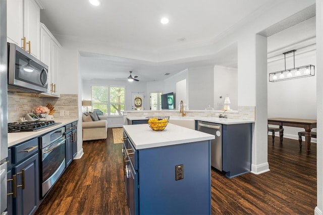 108 Perpetuation Dr Unit 802, Lakeway, TX 78734 - kitchen with blue cabinetry, stainless steel appliances, dark wood-style floors, backsplash, and recessed lighting