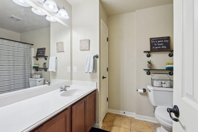full bath featuring toilet, visible vents, vanity, and baseboards