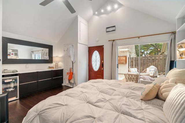 1107 Maufrais St, Austin, TX 78703 - bedroom with beverage cooler, high vaulted ceiling, access to outside, dark wood-type flooring, and ceiling fan