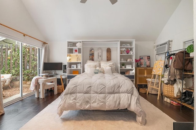 1107 Maufrais St, Austin, TX 78703 - bedroom featuring wood finished floors, access to outside, high vaulted ceiling, ceiling fan, and an AC wall unit