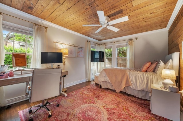 1107 Maufrais St, Austin, TX 78703 - bedroom with multiple windows, wood ceiling, crown molding, an office area, and wood finished floors