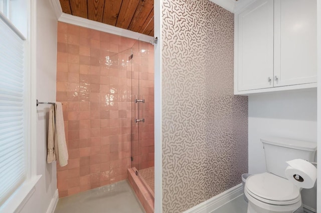 1107 Maufrais St, Austin, TX 78703 - full bathroom featuring a shower stall, wallpapered walls, and wood ceiling