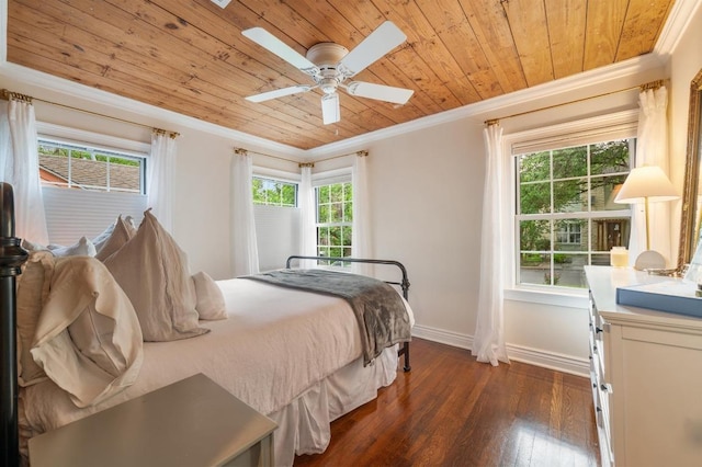 1107 Maufrais St, Austin, TX 78703 - bedroom with wood ceiling, ornamental molding, dark wood-style flooring, multiple windows, and a ceiling fan
