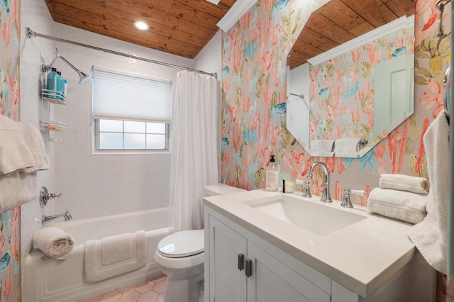1107 Maufrais St, Austin, TX 78703 - full bathroom with wood ceiling, vanity, shower / bathtub combination with curtain, tile patterned floors, and recessed lighting