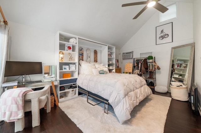 1107 Maufrais St, Austin, TX 78703 - bedroom with wood finished floors, high vaulted ceiling, an AC wall unit, and a ceiling fan