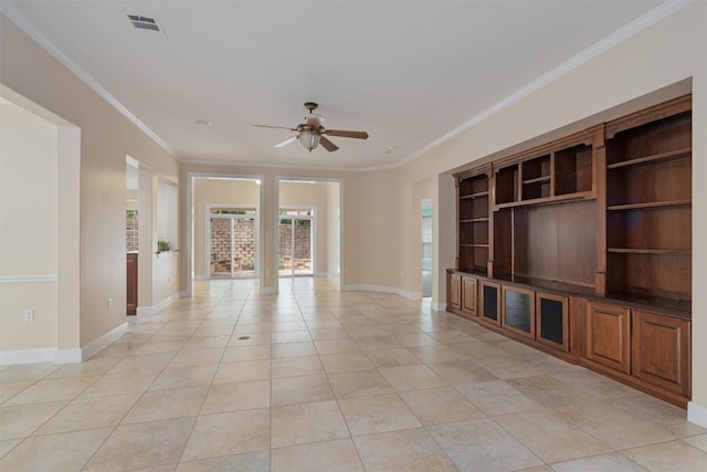 202 Goose Island Dr, Georgetown, TX 78633 - empty room with a ceiling fan, crown molding, light tile patterned floors, and baseboards