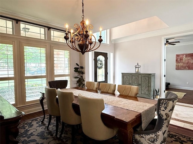 804 Lakewood Hills Ter, Austin, TX 78732 - dining space featuring a chandelier, plenty of natural light, ornamental molding, dark wood-style floors, and ceiling fan