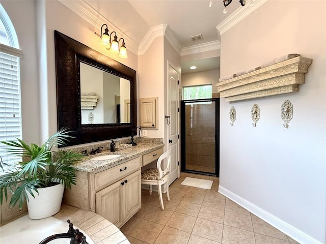 804 Lakewood Hills Ter, Austin, TX 78732 - bathroom featuring a stall shower, crown molding, vanity, and tile patterned flooring