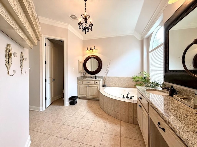 804 Lakewood Hills Ter, Austin, TX 78732 - full bathroom featuring a garden tub, ornamental molding, two vanities, and tile patterned flooring