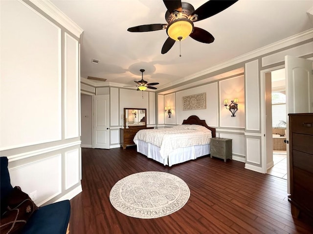 804 Lakewood Hills Ter, Austin, TX 78732 - bedroom featuring a decorative wall, hardwood / wood-style floors, crown molding, and ceiling fan