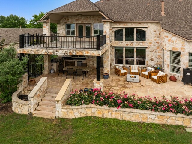 804 Lakewood Hills Ter, Austin, TX 78732 - rear view of property with an outdoor living space, a shingled roof, french doors, and a patio area