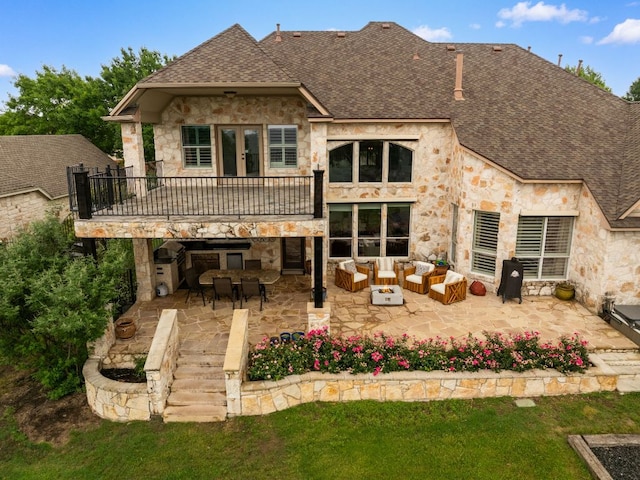 804 Lakewood Hills Ter, Austin, TX 78732 - rear view of house with an outdoor living space, french doors, stone siding, a shingled roof, and a patio area