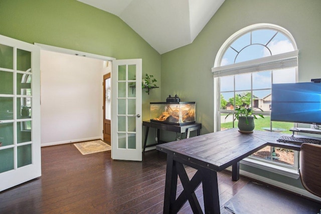 office area with lofted ceiling, french doors, hardwood / wood-style flooring, and baseboards