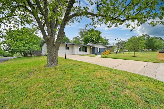 ranch-style house featuring driveway and a front yard
