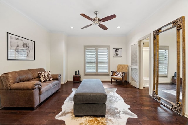9 Swiftwater Trl, The Hills, TX 78738 - living area featuring crown molding, a ceiling fan, wood finished floors, and recessed lighting