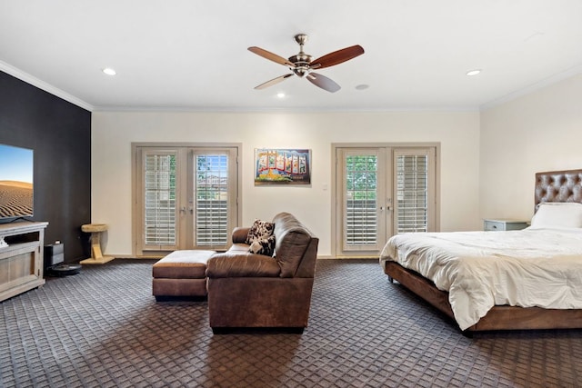 9 Swiftwater Trl, The Hills, TX 78738 - bedroom featuring carpet flooring, access to outside, french doors, recessed lighting, and ornamental molding