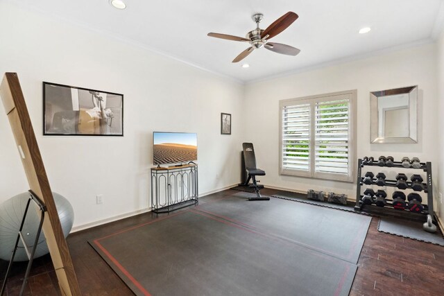 workout area featuring crown molding, recessed lighting, and a ceiling fan