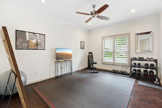 9 Swiftwater Trl, The Hills, TX 78738 - workout area with ornamental molding, ceiling fan, recessed lighting, and wood finished floors