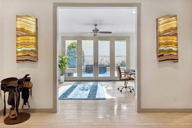 9 Swiftwater Trl, The Hills, TX 78738 - doorway to outside featuring french doors, a ceiling fan, light wood-style flooring, and recessed lighting