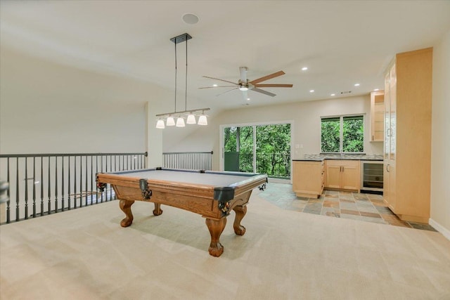 5412 Moon Shadow Dr, Austin, TX 78735 - playroom featuring recessed lighting, light carpet, a ceiling fan, and wine cooler