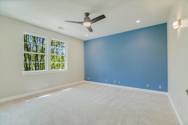 5412 Moon Shadow Dr, Austin, TX 78735 - spare room featuring visible vents, baseboards, recessed lighting, light carpet, and a ceiling fan