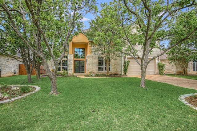 5412 Moon Shadow Dr, Austin, TX 78735 - view of front of house with fence, a garage, driveway, stone siding, and a front yard